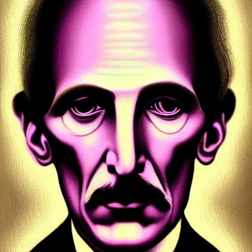 Image similar to An extremely psychedelic portrait of Nikola Tesla, surreal, LSD, face, detailed, intricate, elegant, lithe, highly detailed, digital painting, artstation, concept art, smooth, sharp focus, illustration