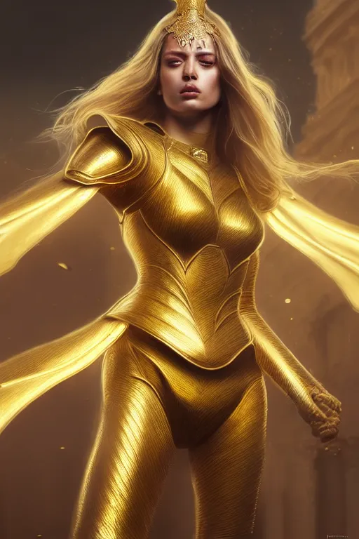 Prompt: professional digital art of a hyper realistic and highly detailed beautiful woman in a beautiful complexe golden armor. girl's face is hyper realistic and highly detailed. greg rutkowski, zabrocki, karlkka, jayison devadas, intricate, trending on artstation, 8 k, unreal engine 5, pincushion lens effect