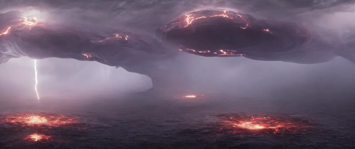 Image similar to a giant octopus god floating over a rain forest, lightning and sun rays, ambient light, a volcano erupts, still from the movie the arrival, 8k