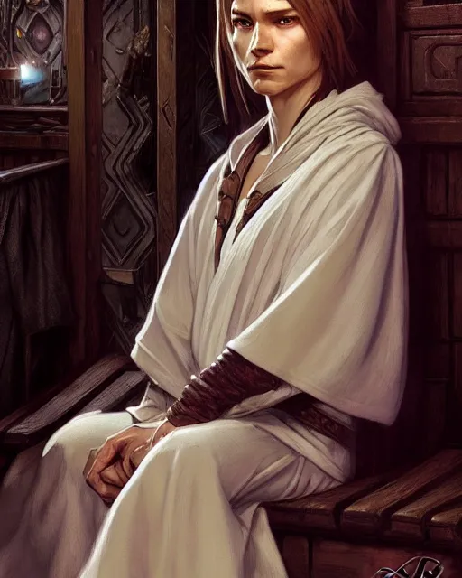 Image similar to a d & d rogue wearing robes, sitting alone in a dim tavern, fantasy character portrait, ultra realistic, intricate, elegant, highly detailed, digital painting, artstaion, smooth, sharp, focus, illustration, art by artgerm and greg rutkowski and alphonse mucha