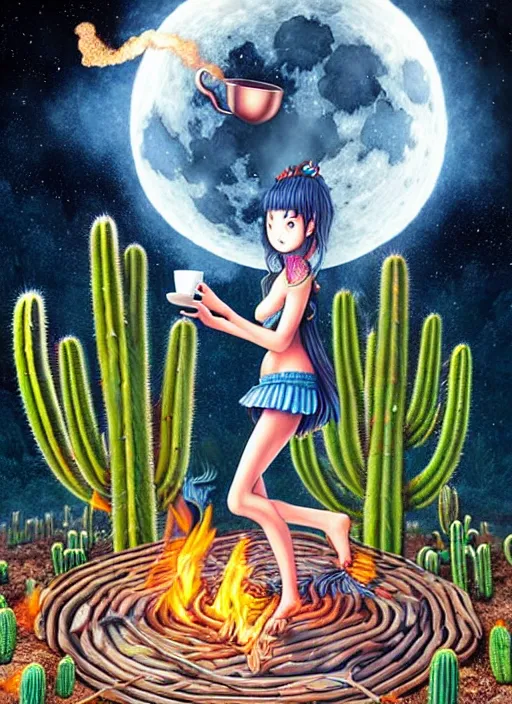 Image similar to richly detailed colored pencil 3 d illustration spartan drinking tea at campfire with trichocereus background and smoke haze full moon ayahuasca peyote art by range murata and artgerm