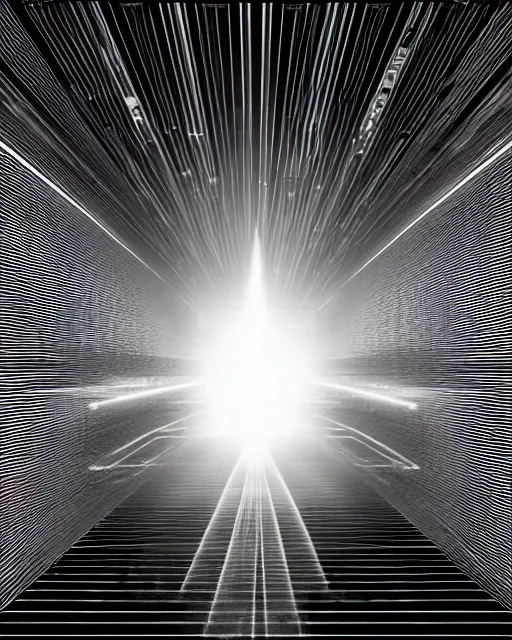 Image similar to shining beacon of light, technological singularity, supercomputer, by mitchell stuart, experimental, utopia, portals, rays of light, highly detailed, masterpiece, award winning