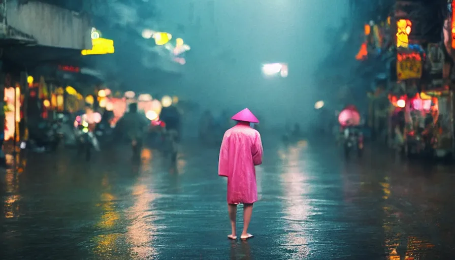 Image similar to street of hanoi, photography, night, rain, mist, a girl with pink hair, cinestill 8 0 0 t, in the style of william eggleston