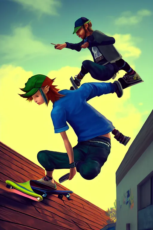 Image similar to skateboarder in attic. final fantasy style art, zelda style art, gta vice city style art, pop art, aesthetic art, stylish, elegant, dynamic lighting, artstation trending, concept art, octane, smooth, 1 6 k, beautiful, highly details, sharp focus, intricate, octane rendered, dall e 2 rendered