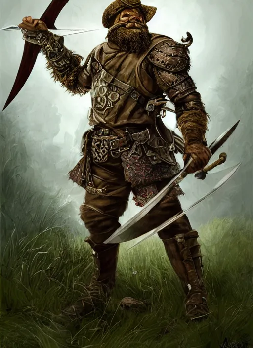 Image similar to strong young man, photorealistic bugbear ranger holding aflaming sword, black beard, dungeons and dragons, pathfinder, roleplaying game art, hunters gear, jeweled ornate leather and steel armour, concept art, character design on white background, by alan lee, norman rockwell, makoto shinkai, kim jung giu, poster art, game art