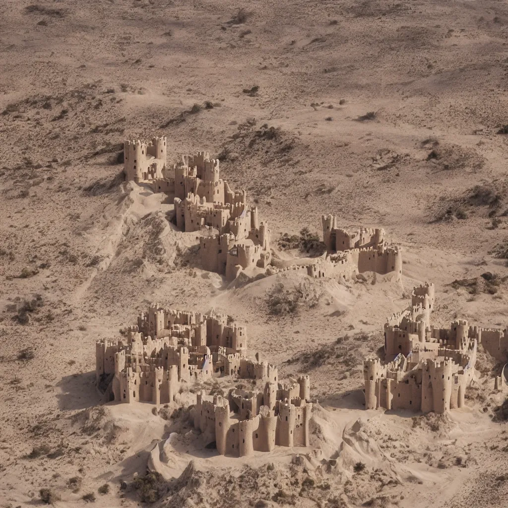 Prompt: Real size castle made of sand in the middle of the desert, professional photograph,