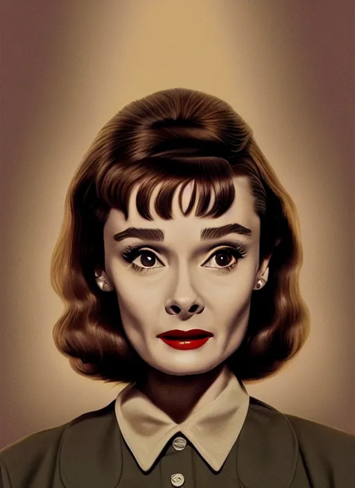 Prompt: twin peaks movie poster art, portrait of audrey hepburn, from scene from twin peaks, clean, simple illustration, nostalgic, domestic, highly detailed, digital painting, artstation, concept art, smooth, sharp focus, illustration, artgerm, donato giancola, joseph christian leyendecker, wlop