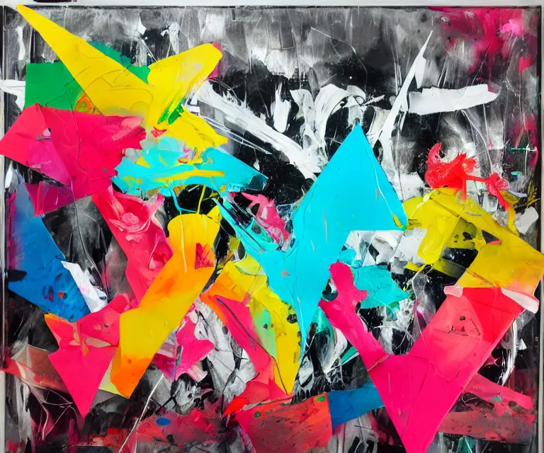 Image similar to abstract expressionist painting, paint drips, acrylic, graffiti throws, wildstyle, clear shapes, spraypaint, smeared flowers, origami crane drawings, oil pastel gestural lines, large triangular shapes, painting by ashley wood