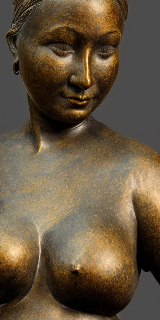 Image similar to detailed photo of an old bronze patina statue of a beautiful curvy woman portrait, intricate detail, museum diffuse lighting