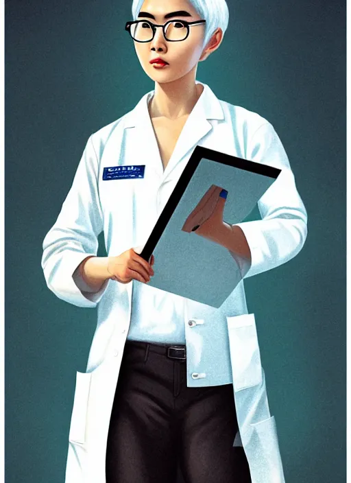 Prompt: beautiful asian girl with short white hair, wearing lab coat and glasses, holding a clipboard, standing inside a research facility, character portrait, 1 9 6 0 s, long hair, intricate, elegant, highly detailed, digital painting, artstation, concept art, smooth, sharp focus, illustration, art by wlop, mars ravelo and greg rutkowski