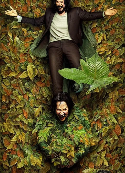 Image similar to highly detailed comedy caper movie poster with silly wacky zany keanu reeves as a sentient pile of leaves, keanu reeves green face as a sentient leafy bush by greg rutkowski, masterpiece, really funny, 1 0 / 1 0 comedy