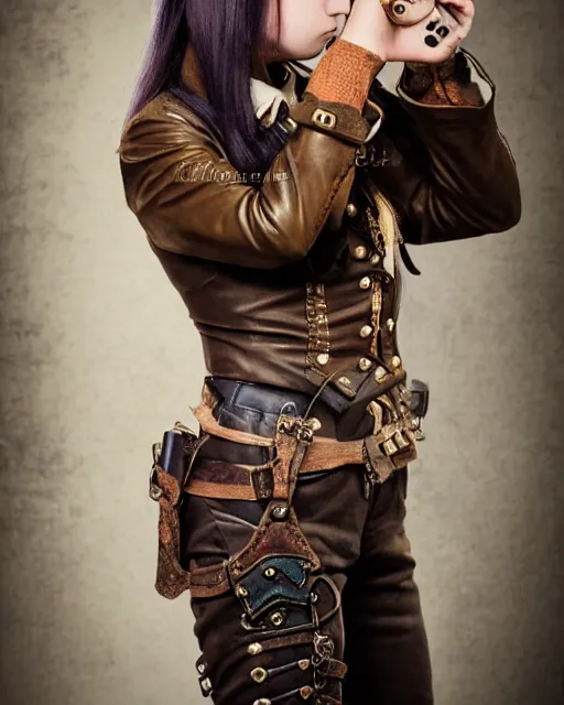 Image similar to Young girl in steampunk clothes, she wears boots and holds a gun, full body shot, sharp focus, photography, very detailed, dark hair, by nikon, by Iphone, 4k