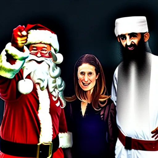 Prompt: uhd candid photo of santa and osama bin laden with seal team 6. selfie. annie leibowitz and steve mccurry