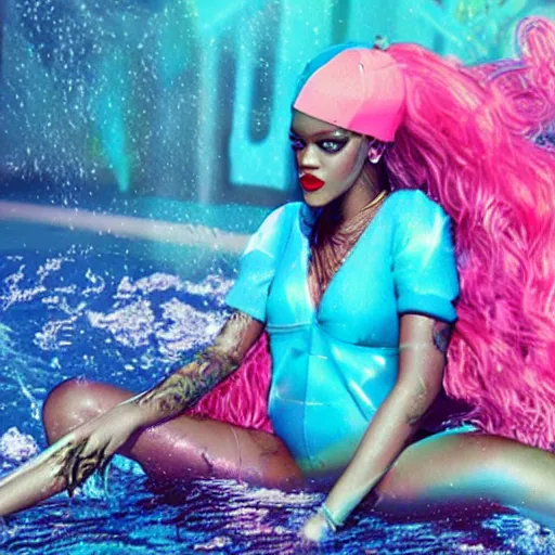 Image similar to rihanna in water park, seapunk, creative photo manipulation, creative photoshop, digital art