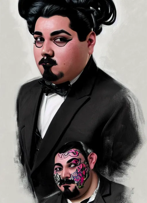 Image similar to portrait of a plump latino man with a crooked nose and a confident expression, 1 9 6 0 s, black clothes, goth, punk, brightly coloured hair, funk, intricate, elegant, highly detailed, digital painting, artstation, concept art, smooth, sharp focus, illustration, art by wlop, mars ravelo and greg rutkowski