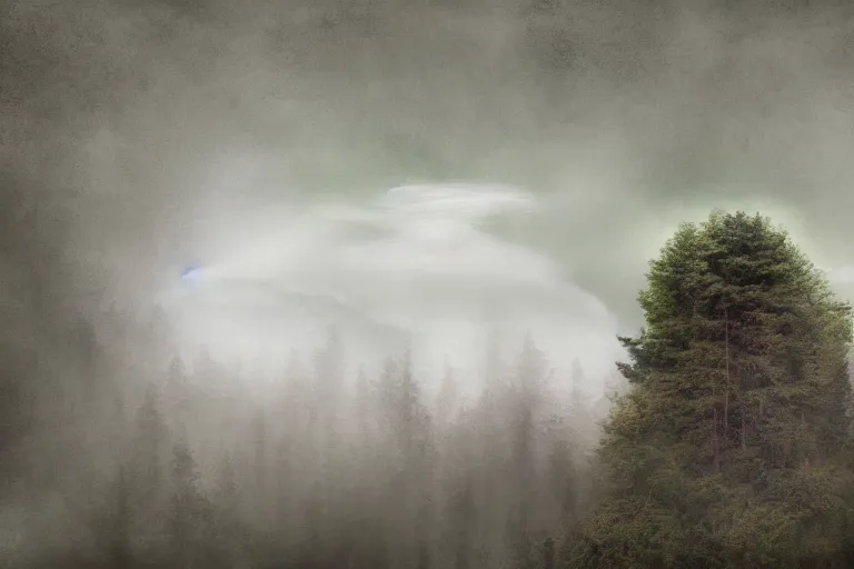 Image similar to mysterious floating island in the clouds above a forest, foggy, digital painting