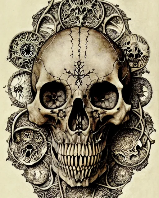 Image similar to memento mori by arthur rackham, art forms of nature by ernst haeckel, exquisitely detailed, art nouveau, gothic, ornately carved beautiful skull dominant, intricately carved antique bone, art nouveau botanicals, ornamental bone carvings, art forms of nature by ernst haeckel, horizontal symmetry, arthur rackham, ernst haeckel