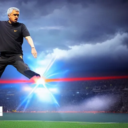 Prompt: jose mourinho jumping shooting lasers, in the sky, clouds, beautiful picture