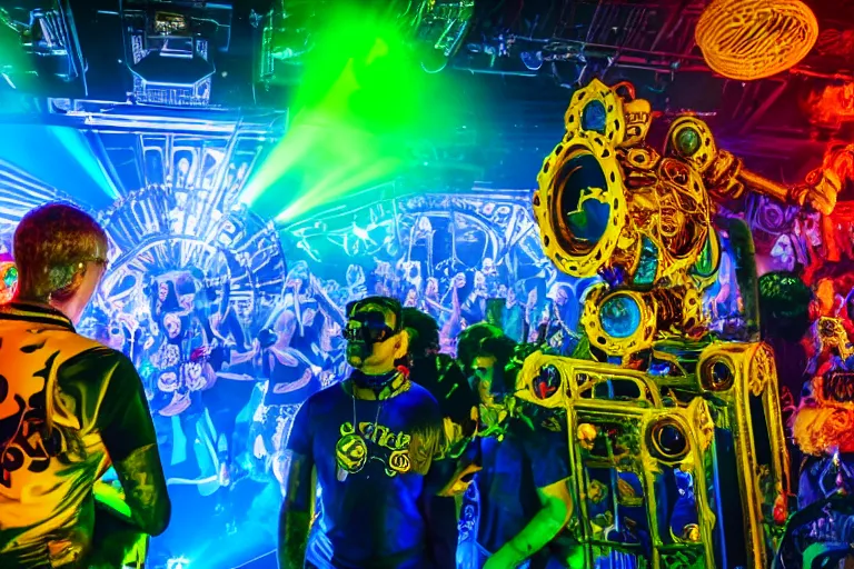 Image similar to scene is elrow party in amnesia ibiza, portrait photo of a giant huge golden and blue metal steampunk robot, with gears and tubes, eyes are glowing red lightbulbs, shiny crisp finish, 3 d render, 8 k, insaneley detailed, fluorescent colors, haluzinogetic, background is multicolored lasershow