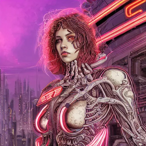 Prompt: a girl dressed in bioarmor with muscles, bones, skull, veins,biopunk, neon lights. masterpiece 4k digital illustration by katsuya terada, award winning, Artstation, art nouveau aesthetic, neon background, intricate details, realistic, panoramic view, Hyperdetailed, 8k resolution, intricate art nouveau