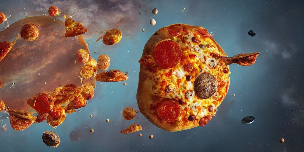 Image similar to planet made of pizza, melted cheese waterfalls, Greg Rutkowski, 3d scene, trending on Artstation, 8K, ultra wide angle, pincushion lens effect.