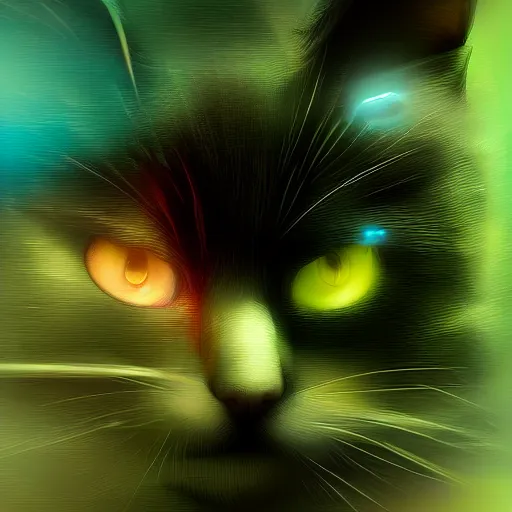Image similar to moody atmospheric render of a cyborg calico cat with a chartreuse and teal color scheme by leon tukker