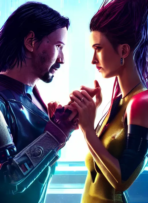 Image similar to a cyberpunk 2077 couple portrait of a Keanu Reeves as johnny silverhand and a female android in final kiss,love,fantasy, intricate, elegant,film lighting,artstation,deviantart,FAN ART,full of color,Digital painting,face enhance,highly detailed,8K,octane,golden ratio,cinematic lighting