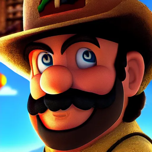 Image similar to mario from the mario bros series as the man with no name from the good the bad and the ugly ( still shot, cinematic still frame, studio lighting, high detailed, photo realistic, uhd, 8 k, good quality )