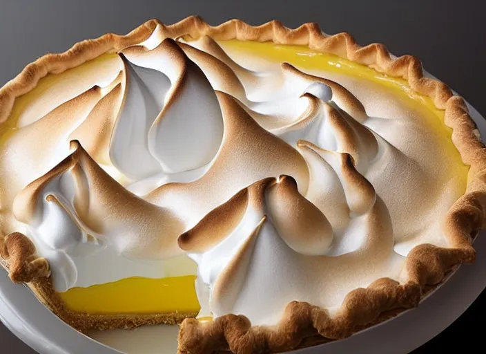 Prompt: lemon meringue pie, surreal, 8 k, bizarre, sharp, strange, high clarity, very detailed,