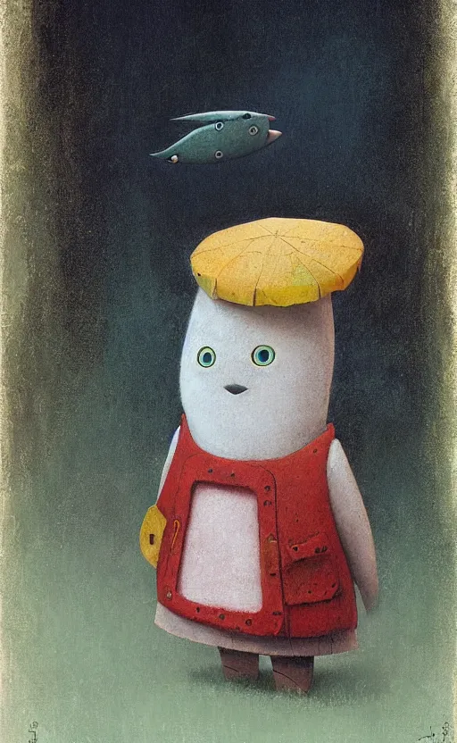 Prompt: portrait of a cute character in a scenic cheerful environment by Shaun Tan