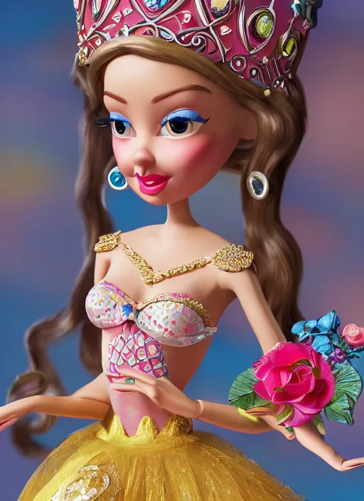 Image similar to closeup face profile portrait of tin toy sylvia sims as a fairytale princess wearing a crown eating cakes, bikini, depth of field, zeiss lens, detailed, symmetrical, centered, fashion photoshoot, by nicoletta ceccoli, mark ryden, lostfish, breathtaking, 8 k resolution, extremely detailed, beautiful, establishing shot, artistic, hyperrealistic, octane render
