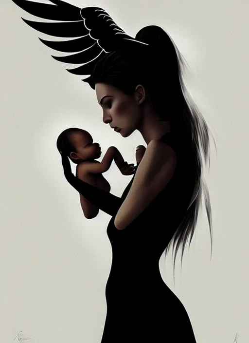 Image similar to silhouette of beautiful woman with wings holding her baby, latina, rule of thirds, haze, intricate, anime, symmetrical!!, makeup, loreal, maybelline, trending on artstation, art by greg rutkowski, filmic, vsco, concept art, artstation, digital painting, elegant, model