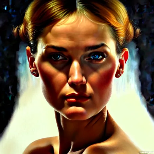 Prompt: close up face of a extremely beautiful bond female vam pire portrait, masterpiece, oil on canvas, Alberto Mielgo, artgerm, norman rockwell, craig mulins, trending on pxiv,