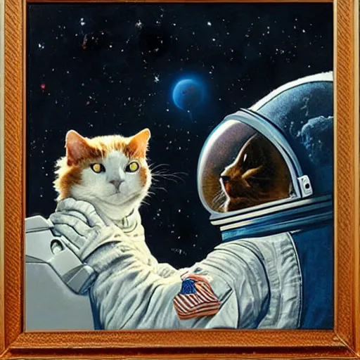 Image similar to an astronaut with a cats head, space, art by Norman Rockwell