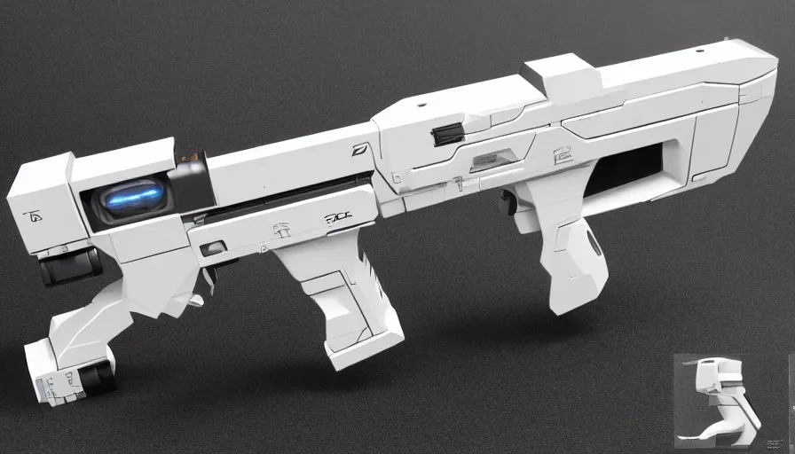 Image similar to extremely detailed realistic side view of a sci fi laser lmg, detailed trigger, chemically propelled, battery powered, smooth streamline, battery and wires, railgun, chemrail, gauss, elegant sleek smooth body, white paint, smooth utopian design, ultra high quality, minimalist, octane, cod, destiny, warframe, terminator