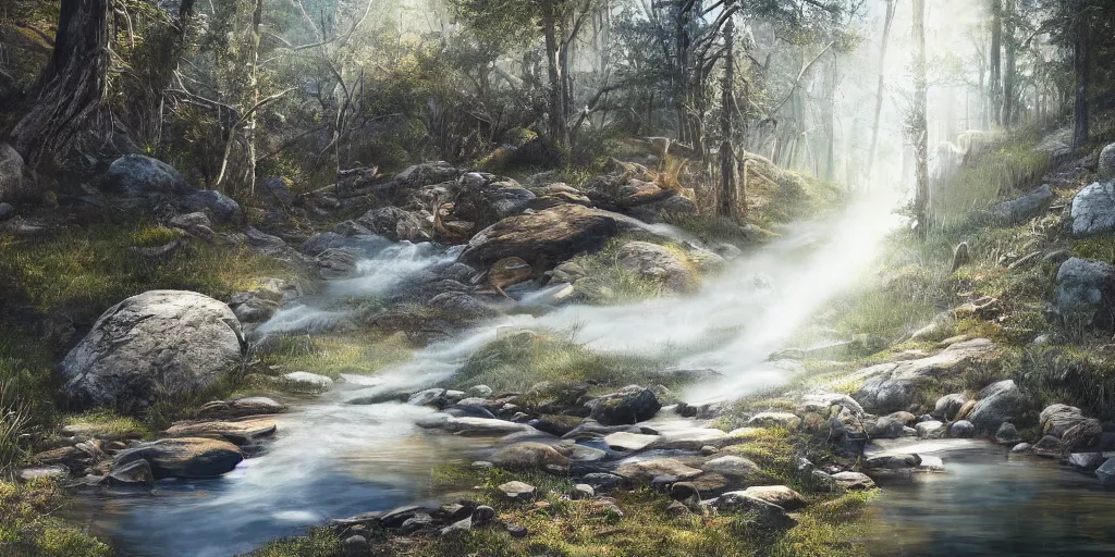 Image similar to Intricate detailed illustration, Tasmanian Tiger reflected in an alpine stream, cinematic lighting, by Philip Hood, wide angle, volumetric light scattering, 8k, artstation, concept art,