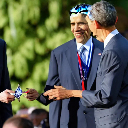 Image similar to president obama awarding president obama a medal on a necklace