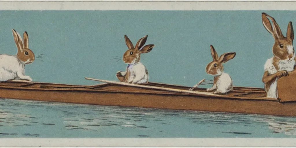 Image similar to a 1 9 1 0 s postcard representing two rabbits in a rowboat