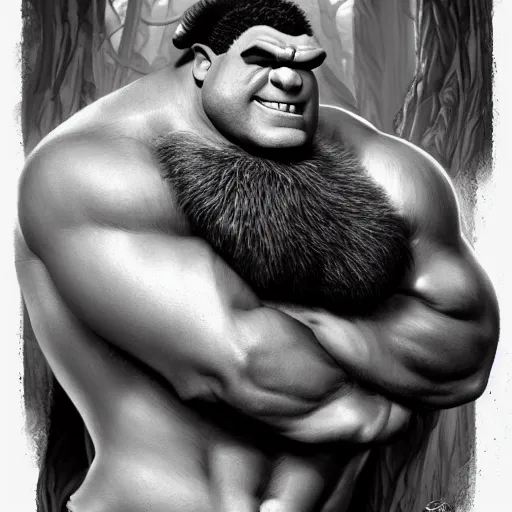 Image similar to muscular shrek with beard, black and white, highly detailed, digital painting, artstation, concept art, smooth, sharp focus, illustration, art by artgerm and greg rutkowski and alphonse mucha