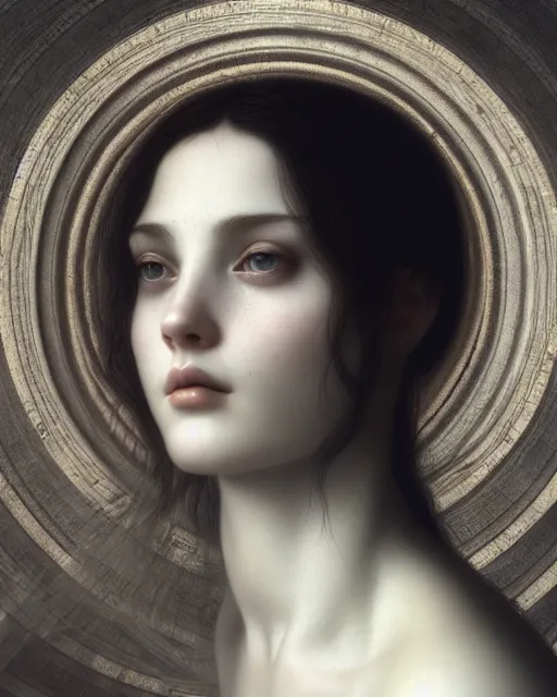 Prompt: dreamy, monochrome, subsurface scattering, white, young beautiful goddess in cosmos, octane render, dino valls, mark ryden, highly detailed, rim light, art, cinematic lighting, very coherent, hyper realism, 8 k