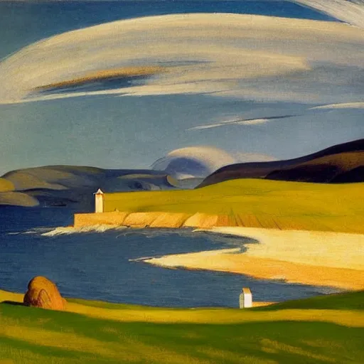 Prompt: landscape of donegal ireland, by edward hopper and giorgio de chirico