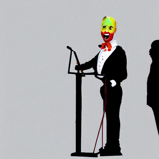 Prompt: marionette of a president with clown makeup in a podium and a human shadow behind