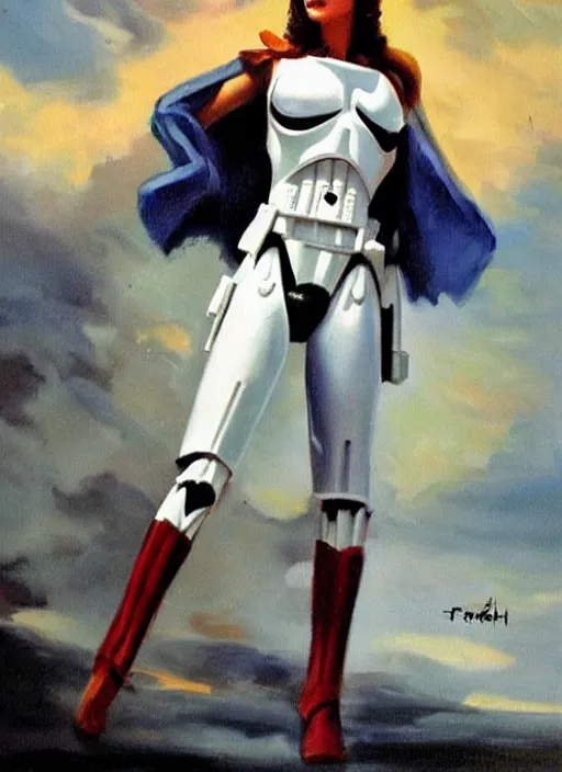 Prompt: oil painting of Storm trooper by frank frazetta alluring pin up