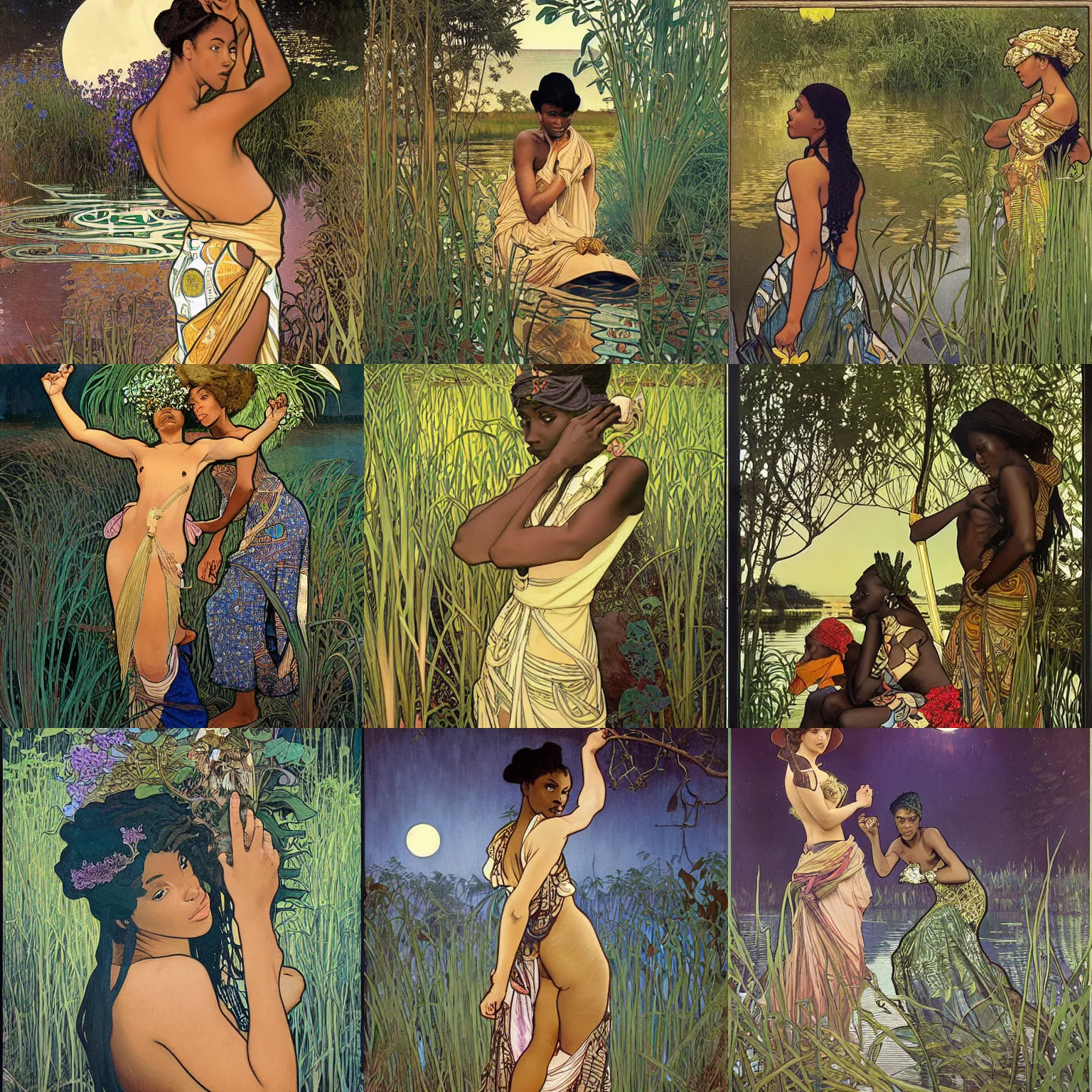 Prompt: Une superbe!! driade africaine qui sort de l'eau dans un étang avec une végétation dense, sous la pleine lune,, par Manara et Ryan JiaAlphonse Mucha et Steve McCurry. Très détaillé, peinture à l'huile