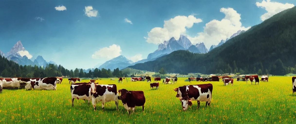 Image similar to a ultra photorealistic and sharp film still of an a sunny and colourful open field in 1 9 0 0 in the middle of the bavarian alps, germany. cows. wide shot, wes anderson, studio ghibli, pixar and disney animation, octane render, anime key art by greg rutkowski, dramatic lighting, award winning photography