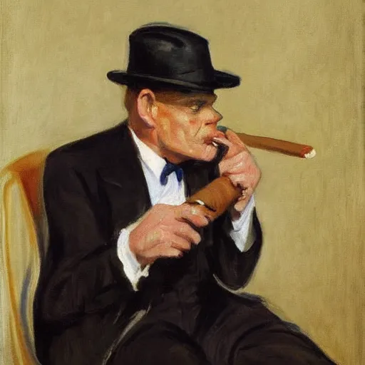 Image similar to A portrait of James Cagney smoking a cigar in a busy hotel lobby, painting by Edward Hopper and John Singer Sargent