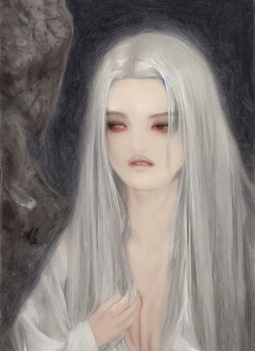 Image similar to thin angel with silver hair so pale and wan!, wearing robes, covered in robes, anime goddess manga, flowing hair, pale skin, young cute face, covered!!, clothed! oil on canvas, style of lucien levy - dhurmer and jean deville, 4 k resolution, aesthetic!, mystery