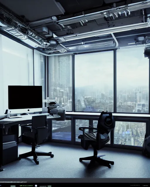 Image similar to artstation scifi scene of a complex computer workstation in a small studio apartment room, many monitors, many electronics, a window view, a tall floor plant, very detailed, maximalism, ambient occlusion, volumetric light, atmospheric haze, unreal engine, hyper realism, realistic shading, cinematic composition, realistic render, octane render, detailed textures, photorealistic, wide shot