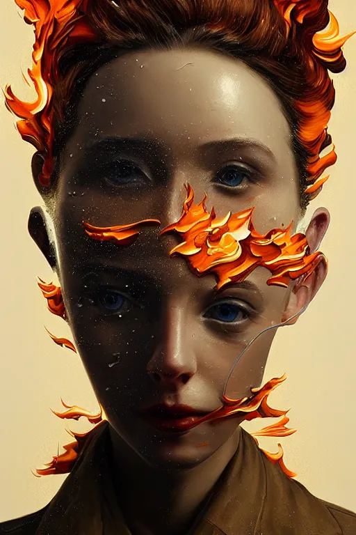 Image similar to 3 d, close - up, fashion model, flame, poster art, intricate oil painting, high detail, figurative art, multiple exposure, poster art, 3 d, by stanley kubrick and tooth wu and wlop and beeple