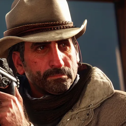 Prompt: steve carell in red dead redemption 2, character render, full body shot, highly detailed, in game render